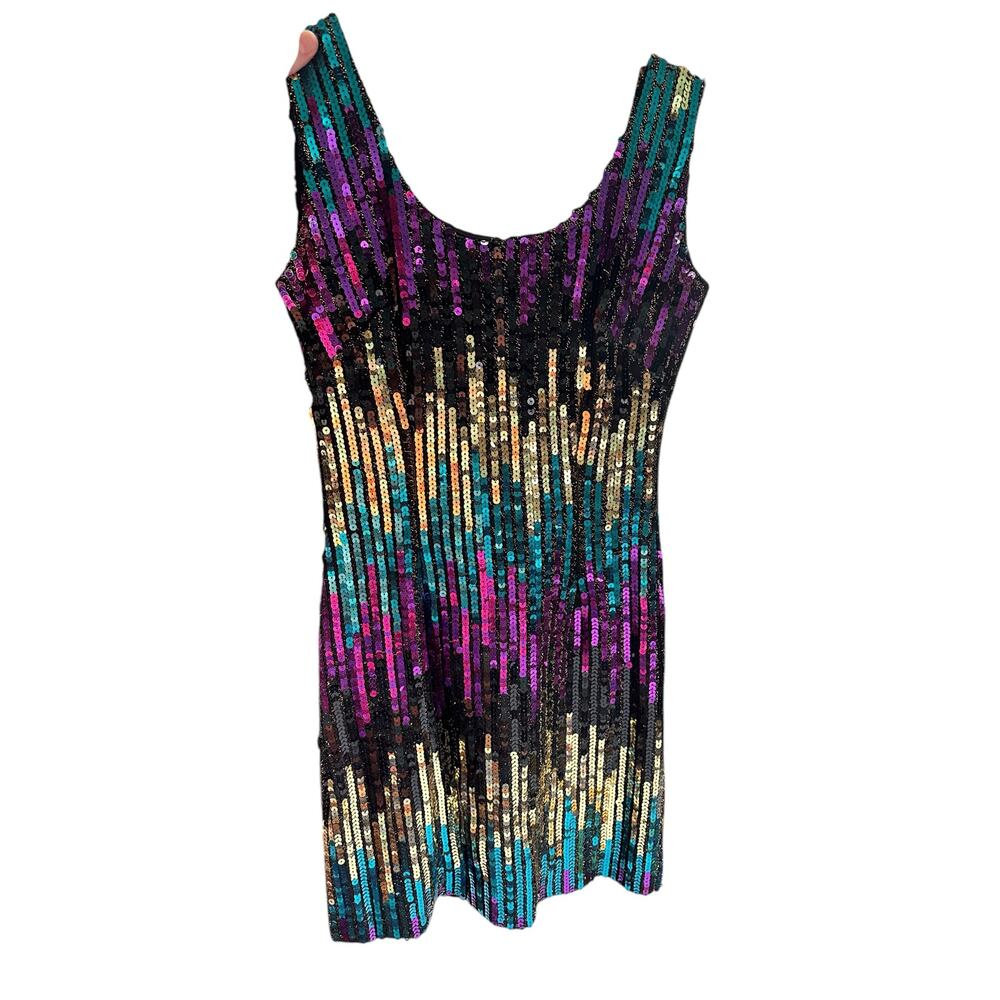 Vintage Alyce 1980s Sequin Mini Party Cocktail Dress Purple Green Gold Sz Med/10